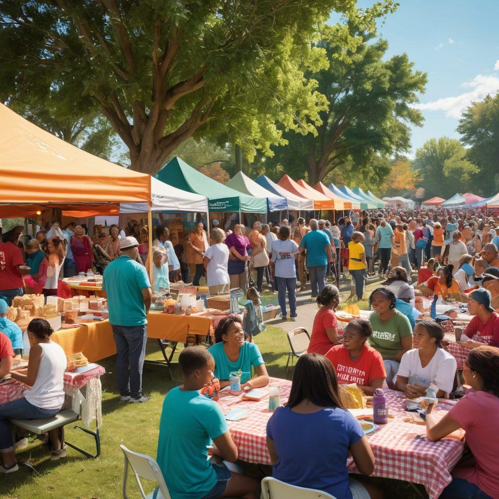 A vibrant scene depicting diverse community members coming together to support a local charity event, filled with colorful booths and enthusiastic volunteers. In the foreground, a group of people is engaged in a lively discussion about charitable contributions, while in the background, children play and families enjoy a picnic. The atmosphere is warm and inviting, showcasing unity and the positive impact of giving back. super-realistic. vibrant colors. warm lighting.