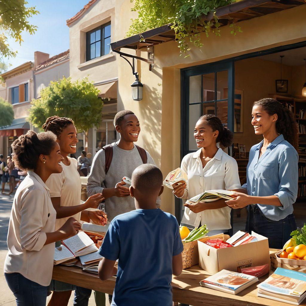 A heartwarming scene depicting diverse people joyfully receiving support - a family receiving groceries, a student studying with new books, and an artist showcasing their work, all illuminated by warm sunlight. In the background, hands holding hearts symbolize the act of giving, with subtle vines of affection intertwining them. The atmosphere radiates hope and transformation. super-realistic. vibrant colors. warm tones.