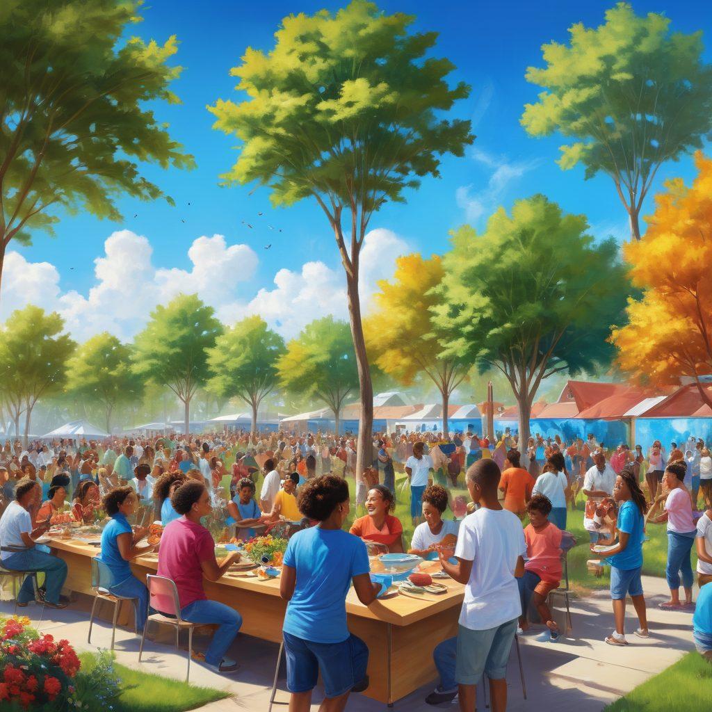 A vibrant community gathering under a bright blue sky, showcasing diverse people donating time and resources for a local project. Include scenes of laughter, collaboration and hands-on activities, symbolizing affection and unity. Elements like children painting a mural, adults planting trees, and shared meals create a warm, inviting atmosphere. Super-realistic. Vibrant colors. Soft focus.